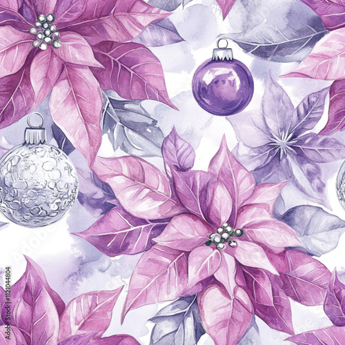 watercolor purple christmas theme pattern, with christmas poinsettia and baubles, soft purple, white and silver colors 