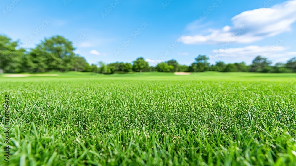 Green Grass Golf Course: A serene and inviting green golf course, captured in a close-up view of lush, manicured grass under a bright blue sky. Green Grass Golf Course: A serene and inviting green golf course, captured in a close-up view of lush, manicured grass under a bright blue sky.