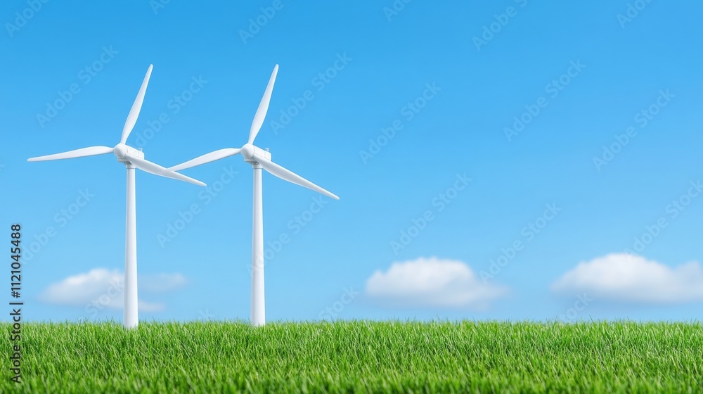 Wind Power Serenity: Two elegant wind turbines stand tall in a vibrant green field under a clear blue sky, symbolizing clean energy and environmental sustainability. Wind Power Serenity: Two elegant wind turbines stand tall in a vibrant green field under a clear blue sky, symbolizing clean energy and environmental sustainability.