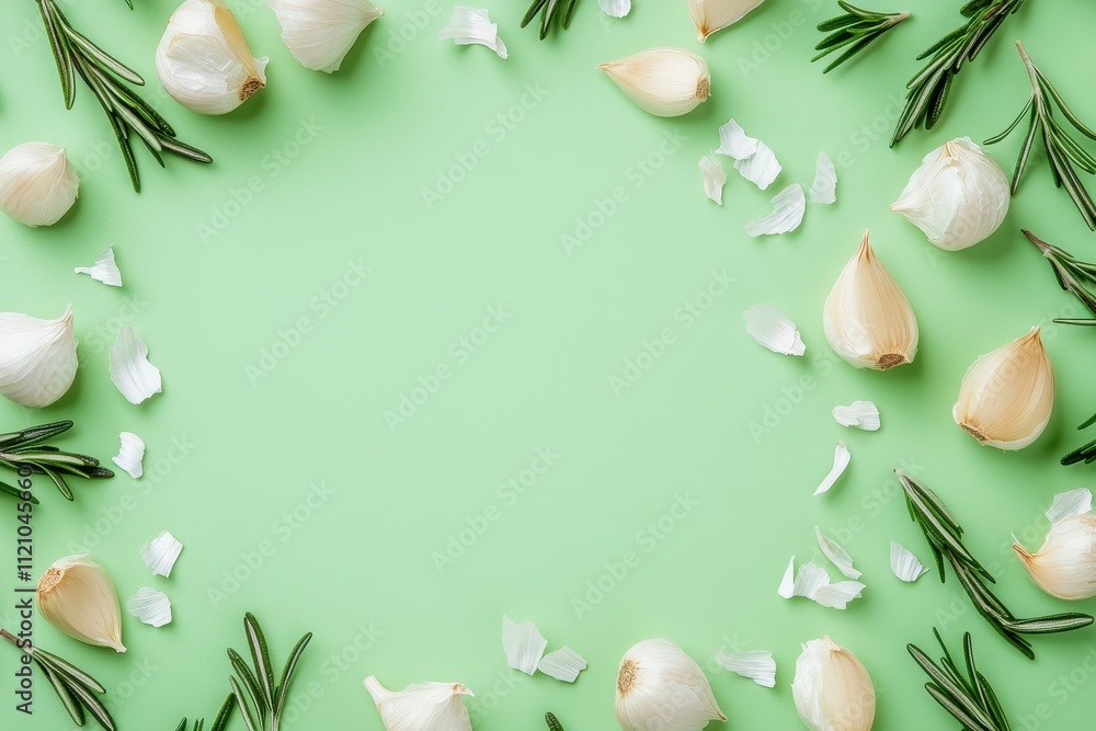Garlic cloves and rosemary sprigs frame a green background. Perfect for culinary or health-related designs needing a fresh, natural feel. Garlic cloves and rosemary sprigs frame a green background. Perfect for culinary or health-related designs needing a fresh, natural feel.
