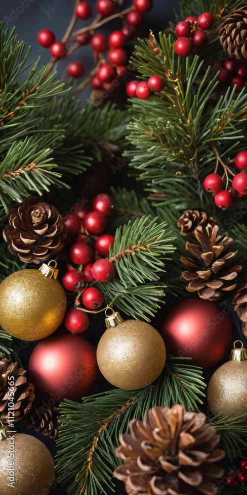 Festive Christmas arrangement background with fresh pine branches, ornate baubles in red and gold, natural pinecones, red berries like a table centerpiece Festive Christmas arrangement background with fresh pine branches, ornate baubles in red and gold, natural pinecones, red berries like a table centerpiece