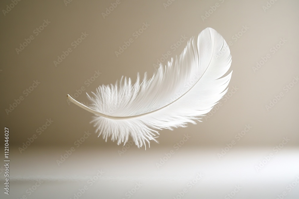Obraz premium white feather floating in mid-air against plain backdrop with diffused light