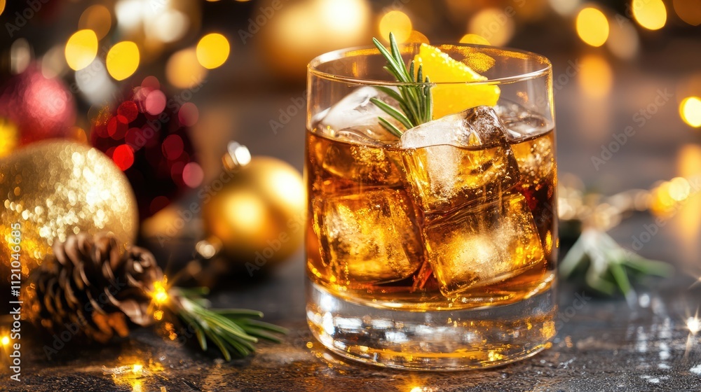 Refreshing Cocktail with Garnish and Festive Decorations in Background Refreshing Cocktail with Garnish and Festive Decorations in Background