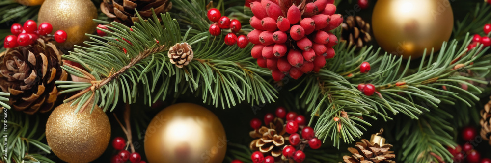 Festive Christmas arrangement background with fresh pine branches, ornate baubles in red and gold, natural pinecones, red berries like a table centerpiece Festive Christmas arrangement background with fresh pine branches, ornate baubles in red and gold, natural pinecones, red berries like a table centerpiece