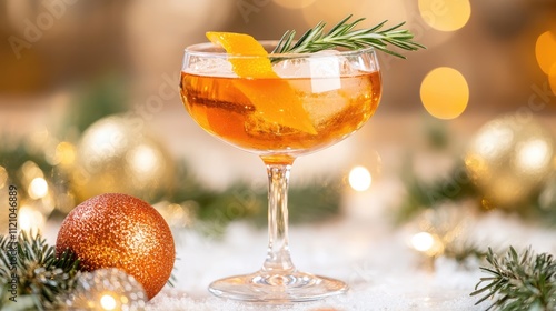 Elegant Cocktail with Garnish Surrounded by Holiday Decorations