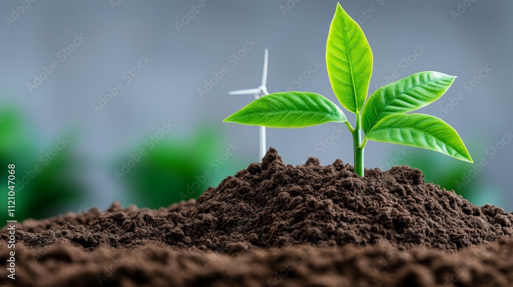 Green Energy Sprout: A vibrant young plant emerges from rich soil, alongside a miniature wind turbine, symbolizing sustainable growth and renewable energy. Green Energy Sprout: A vibrant young plant emerges from rich soil, alongside a miniature wind turbine, symbolizing sustainable growth and renewable energy.