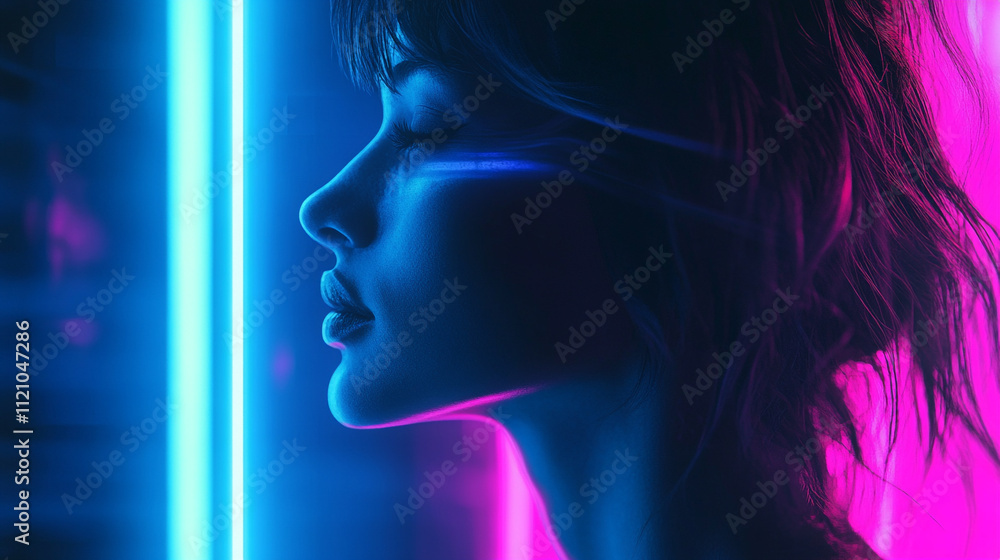 Neon Woman Profile Cyberpunk Style Portrait Blue Pink Light Neon Woman Profile Cyberpunk Style Portrait Blue Pink Light