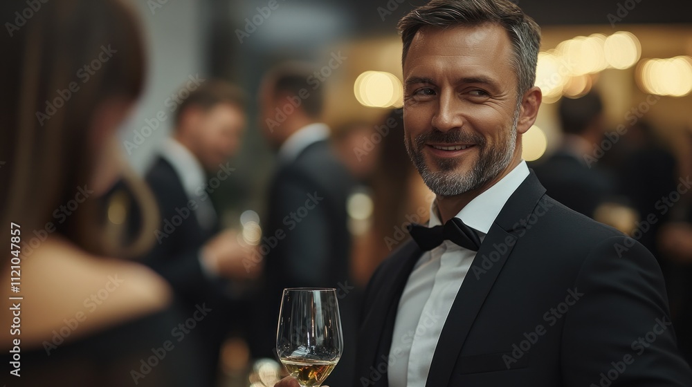 A businessman in a suit, attending a charity gala, mingling with guests and making a donation. A businessman in a suit, attending a charity gala, mingling with guests and making a donation.