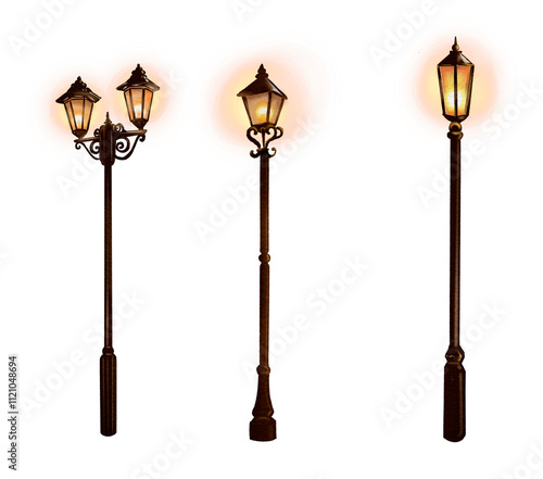 old lamp An antique black iron street lamp illustration with vintage design hand drawn on transparent background