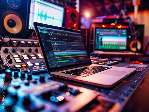 Music Production Studio with Laptop and Mixing Console