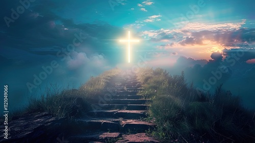 Glowing cross in a serene cave setting with blue atmospheric lighting photo