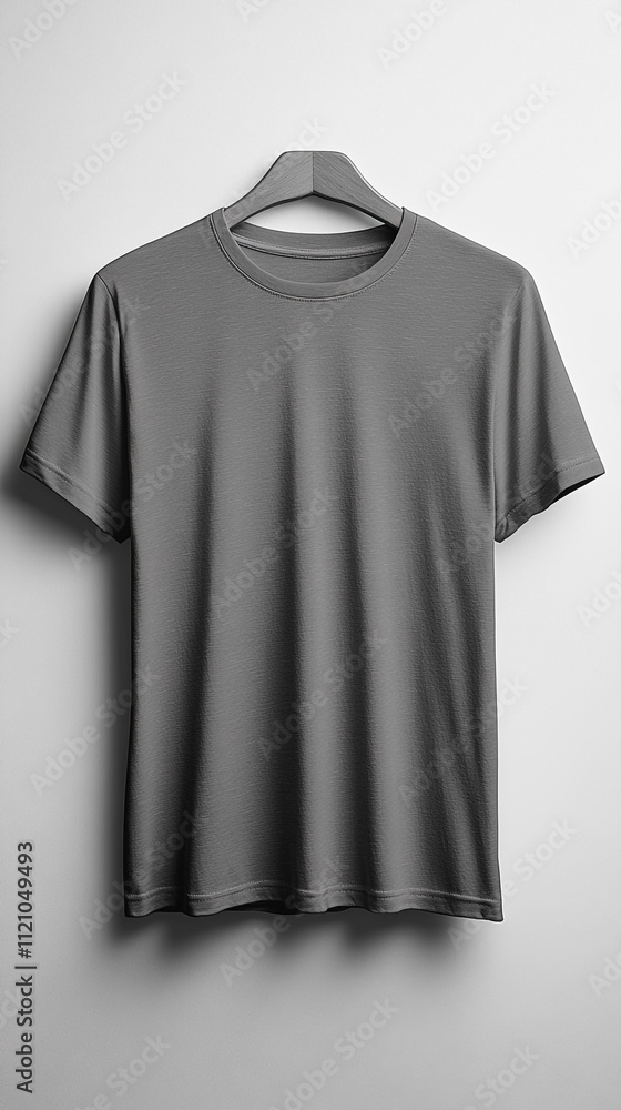 A minimalist slate gray T-shirt with a smooth surface, hanging neatly against a light gray background, showcasing the clean, modern design. A minimalist slate gray T-shirt with a smooth surface, hanging neatly against a light gray background, showcasing the clean, modern design.