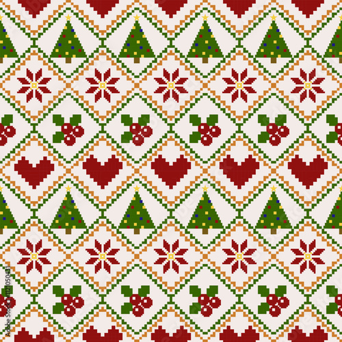 Christmas ornament in pixel style, red and green for textile, background, decoration and wrap.