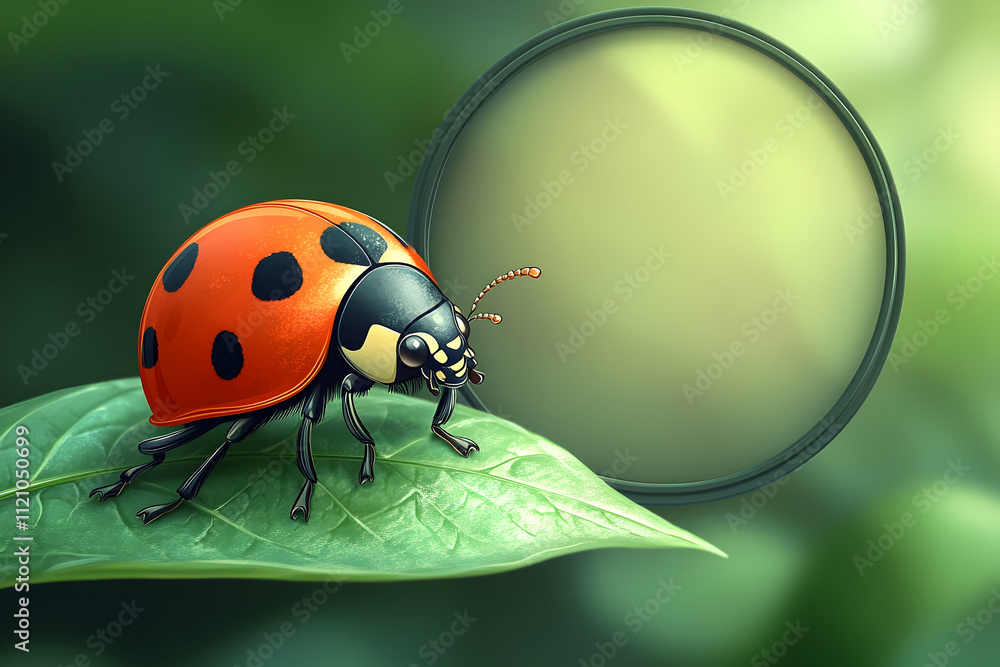 Naklejka premium Ladybug on a green leaf with a blurred circle background.