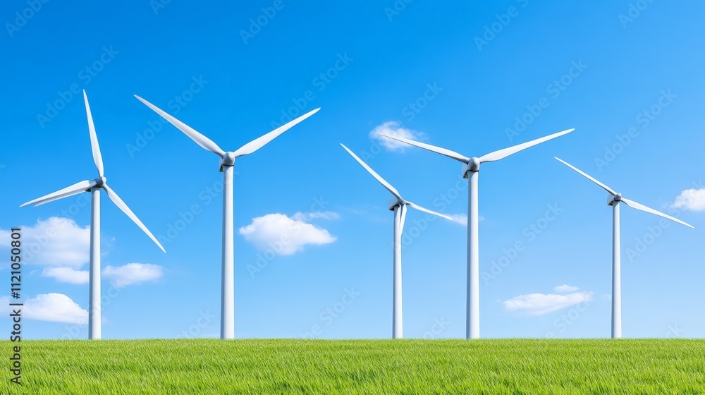 Wind Power: A row of wind turbines stand tall against a bright blue sky and lush green field, symbolizing clean energy and sustainability. Wind Power: A row of wind turbines stand tall against a bright blue sky and lush green field, symbolizing clean energy and sustainability.