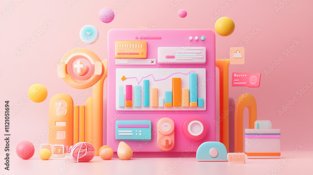 Retro futuristic minimalist ppt design with 3d elements of data charts, colorful business charts with colorful background, 3D cute illustration showcasing a virtual dashboard full of analytics. Retro futuristic minimalist ppt design with 3d elements of data charts, colorful business charts with colorful background, 3D cute illustration showcasing a virtual dashboard full of analytics.