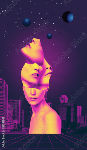 Fine-art, states of mind concept. Abstract and surreal woman collage. Purple cosmic space with stars floating from head over eyes