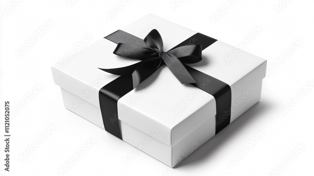 A clean, minimalist white gift box with a slim black ribbon and embossed logo, isolated on white A clean, minimalist white gift box with a slim black ribbon and embossed logo, isolated on white