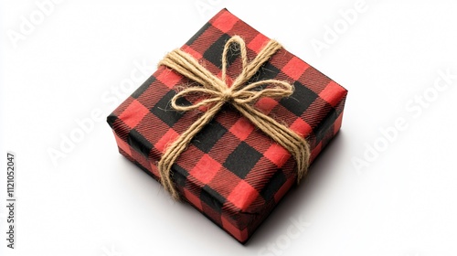 A compact, square gift box with black and red plaid wrapping, tied with a jute string bow, isolated on white