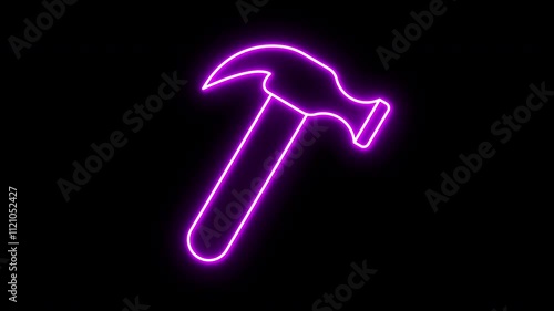 Purple glowing neon line of hammer icon on black background. Motion graphic animation in 4k photo