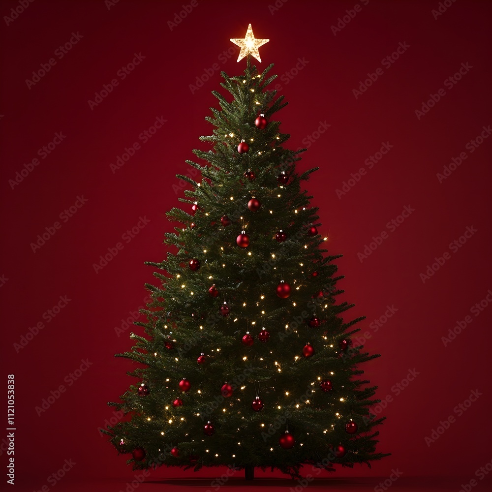 a simple, modern Christmas tree against a clean, solid red background a simple, modern Christmas tree against a clean, solid red background