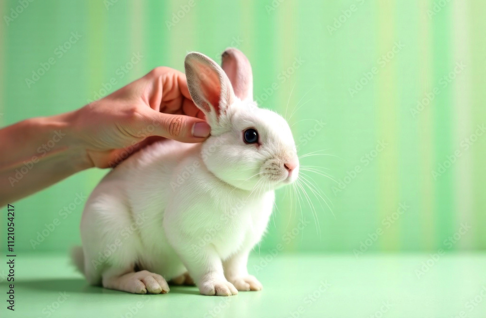 Obraz premium A hand gently pets a fluffy white rabbit in a soft green interior, showing affection and care in a warm atmosphere