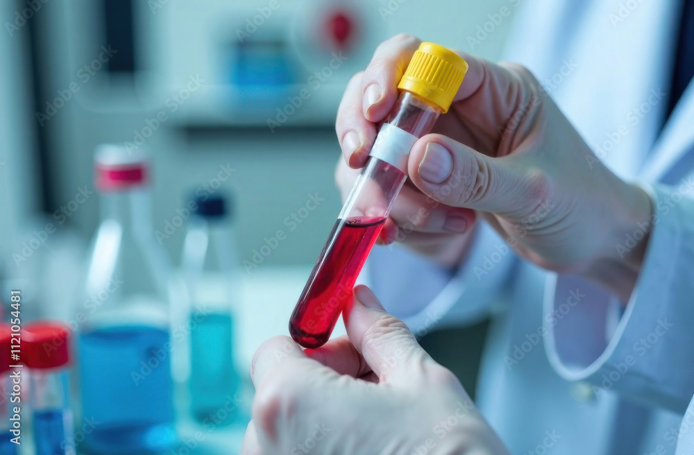 A lab technician examines a blood sample in a research environment filled with various liquid specimens A lab technician examines a blood sample in a research environment filled with various liquid specimens