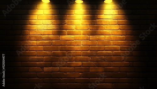 A vector illustration of a golden brick wall, illuminated by bright yellow spotlights from above photo