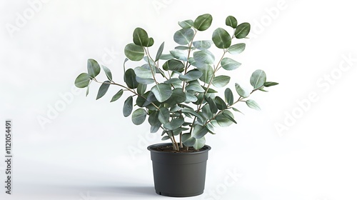 Potted eucalyptus with delicate silvery leaves on white.