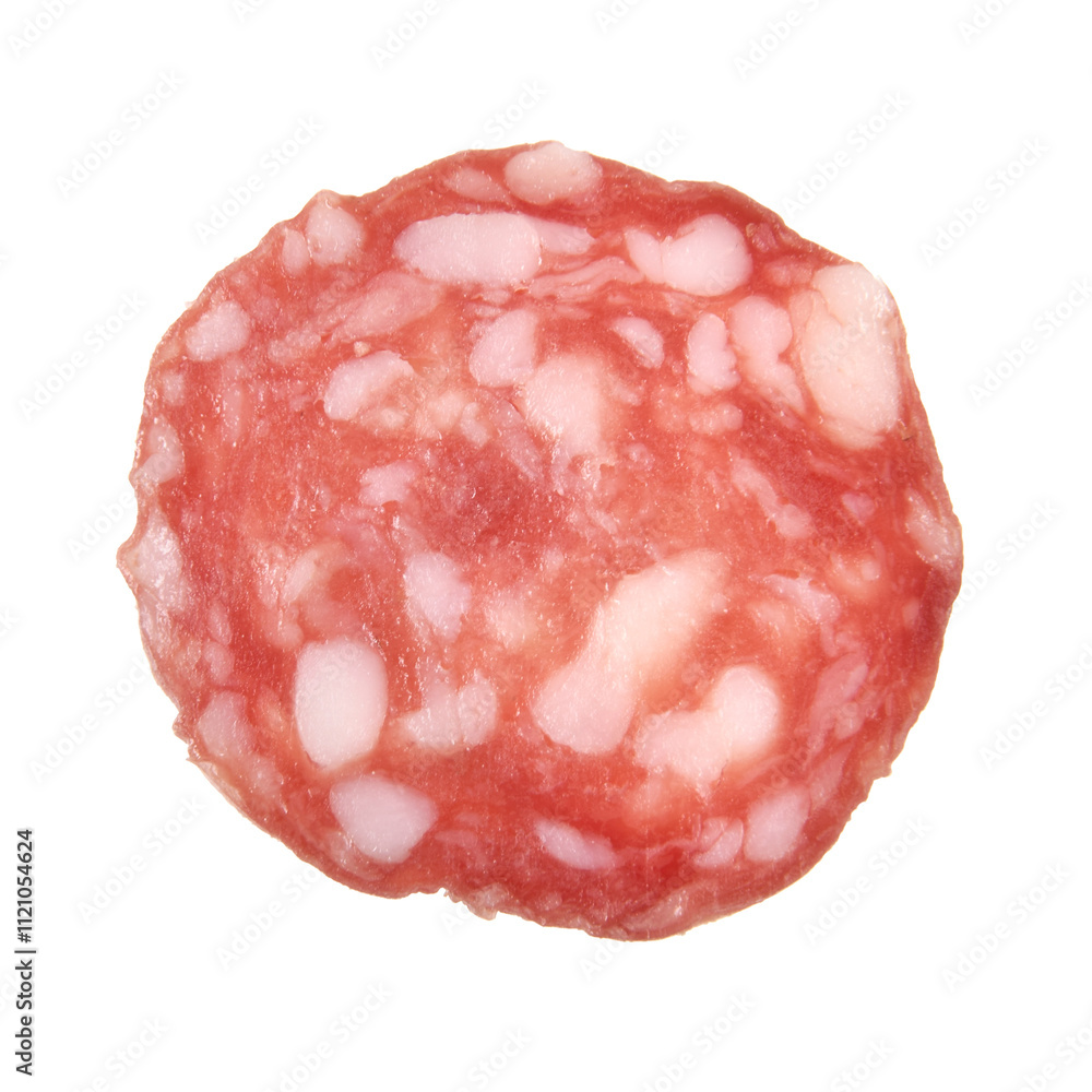 Pork salami sausage slice top view closed up isolated on white