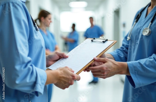 Two medical staff members exchange a clipboard while discussing patient information in a hospital environment