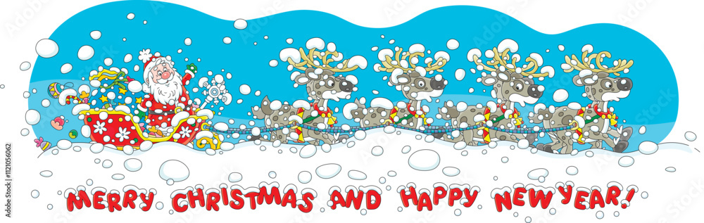 Obraz premium Santa Claus with holiday gifts riding in his magic sleigh with a team of flying reindeers through heavy snowstorm and snowdrifts on a snowy night before Christmas, vector cartoon illustration
