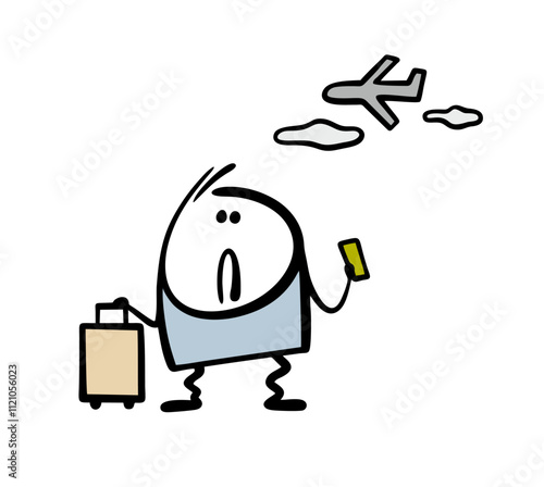 Man is very afraid to fly on airplanes. Vector illustration of  stickman standing, holding luggage and ticket, knees shaking with fear. Funny cartoon airplane character is flying in the sky.