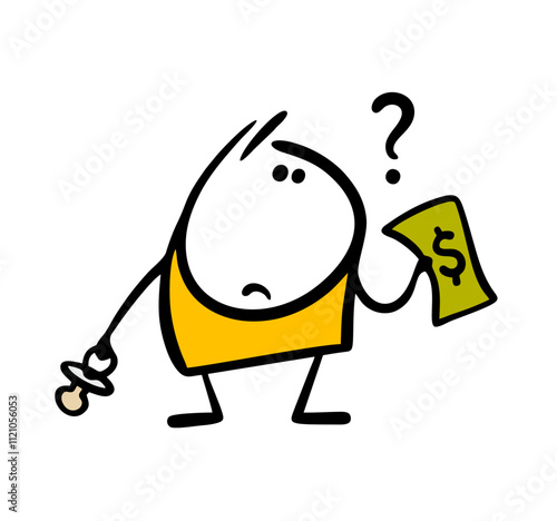 Cute little boy found money on the road. Confused baby with a pacifier holds a banknote with a dollar sign in his hand and does not know what to do with it. Financial illiteracy in children.