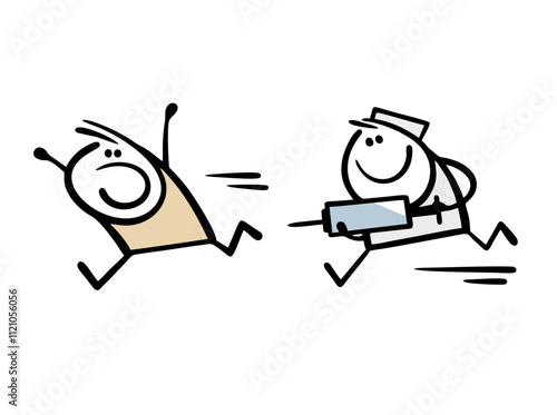 Mandatory vaccination of the country's population against covid. Vector illustration of a doctor with a huge syringe running after a patient. The man runs away in fear and loudly calls for help.