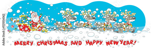 Santa Claus with holiday gifts riding in his magic sleigh with a team of flying reindeers through heavy snowstorm and snowdrifts on a snowy night before Christmas, vector cartoon illustration