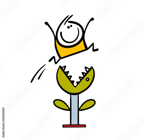 Carefree child jumps high over monster flower. Vector illustration of  stickman in computer game. Winner walking in nature,  dangerous flora in  jungle has opened its mouth and is catching people.