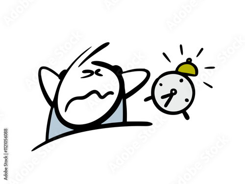 Unfortunate teenager has closed his ears, the alarm clock is beeping loudly. Vector illustration a disgruntled man has woken up, he needs to get up for work. Good morning.