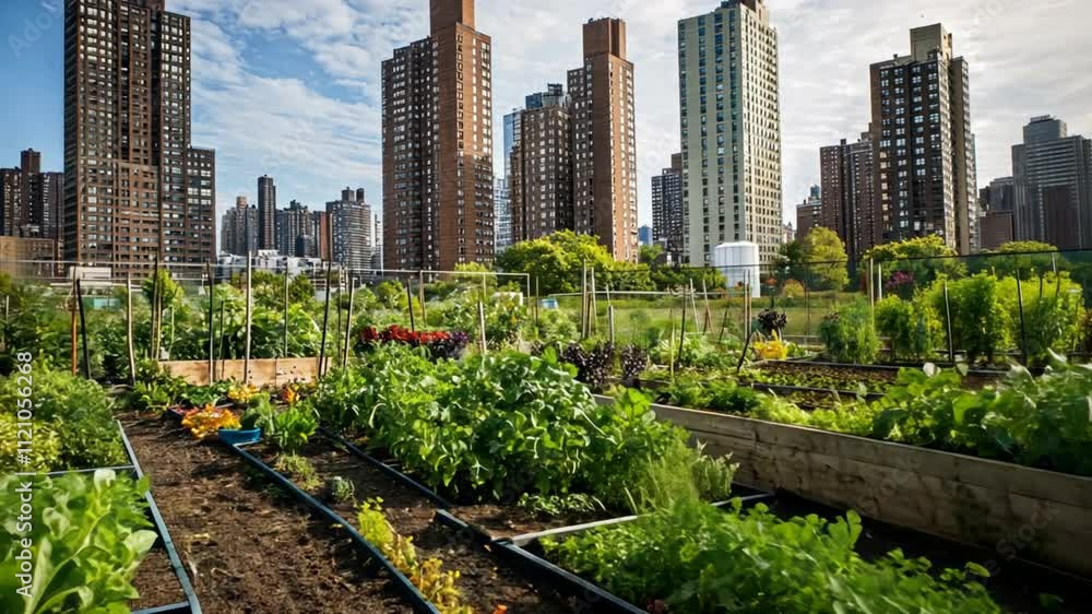 A community garden in an urban park, where residents tend to their own plots, growing vegetables and fruit trees in a shared space surrounded by tall buildings. A community garden in an urban park, where residents tend to their own plots, growing vegetables and fruit trees in a shared space surrounded by tall buildings.