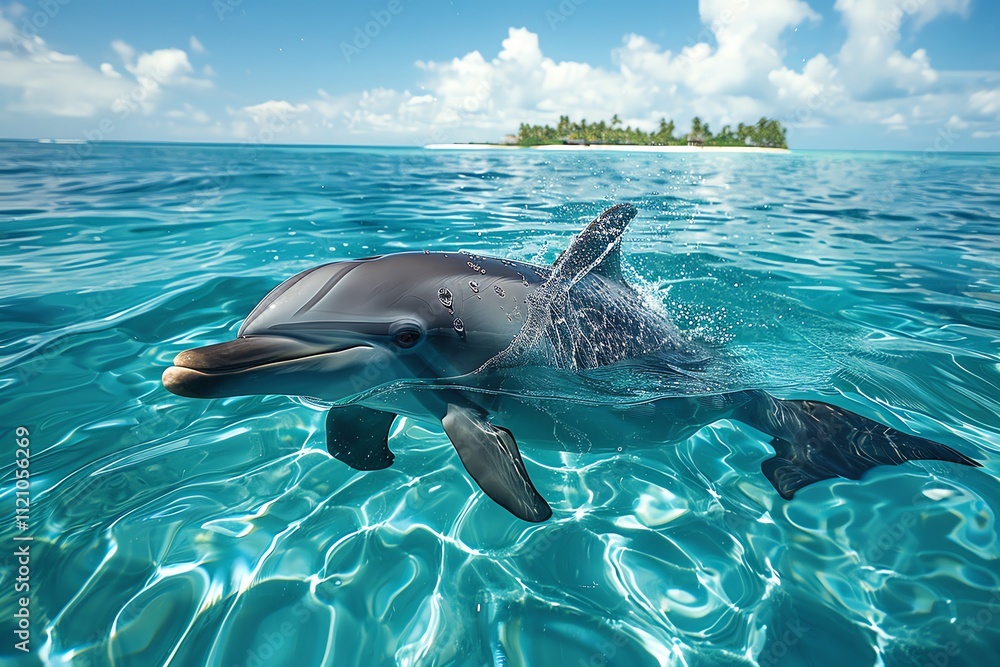 Obraz premium Dolphin swimming in turquoise ocean near tropical island.