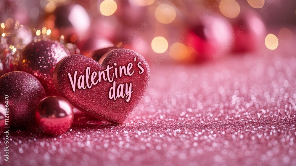 Fototapeta premium Pink glitter heart decor on Valentines card tinsel, perfect for festive love themed designs, greeting cards, invitations, or social media posts