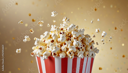 Close up a bucket in popcorn flying in the air and bright background. Concept of  movie theater and snack food. Generative AI