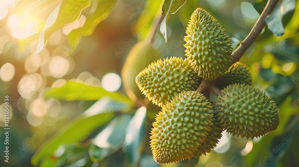 Durian fruits growing on tree branch in sunlight. Durian fruits growing on tree branch in sunlight.