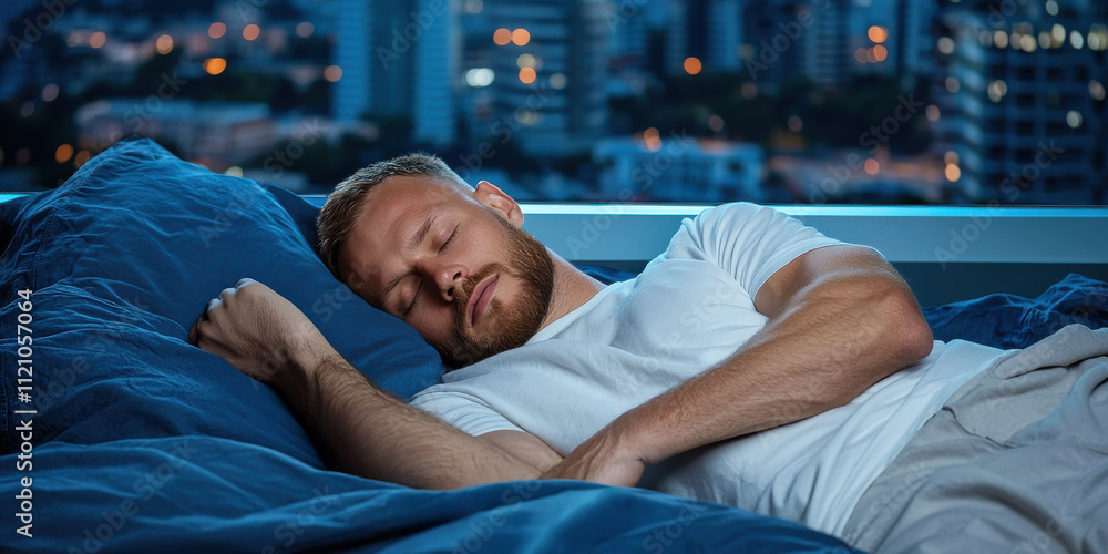 Sleep Hygiene concept, A man peacefully sleeps on a bed with blue linens, city lights softly glowing in the background. Sleep Hygiene concept, A man peacefully sleeps on a bed with blue linens, city lights softly glowing in the background.