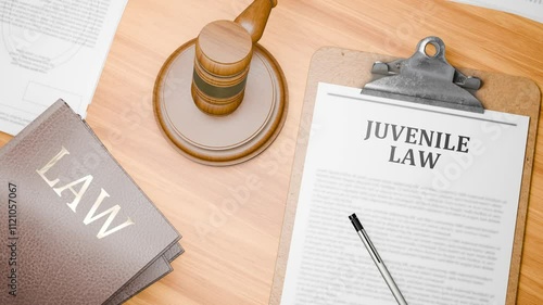 3D Rendered Wooden Lawyer Desk with Highlighted Word 'JUVENILE LAW' on Clipboards Documents on Table. Judge's Wooden Gavel Knocking and Court Making Decision on 'JUVENILE LAW' in Courtroom.