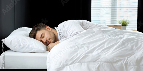 Sleep Hygiene concept, A man sleeps peacefully in a cozy bed, surrounded by soft bedding and natural light filtering through a window.