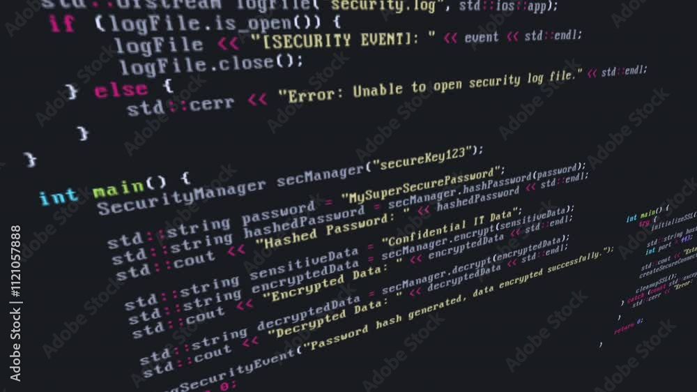 C++ source code animation scene opener or background with data security, protection, encrpytion and analyzing code snippets with glitch and distortion effects, concepts, ideas, 4k