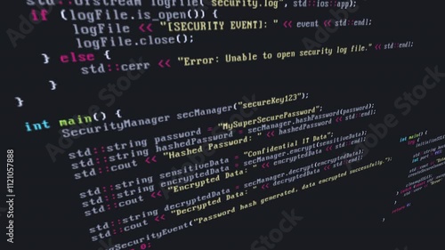 C++ source code animation scene opener or background with data security, protection, encrpytion and analyzing code snippets with glitch and distortion effects, concepts, ideas, 4k 