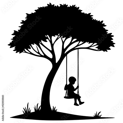 Kid Play Swing Under Tree Silhouette.