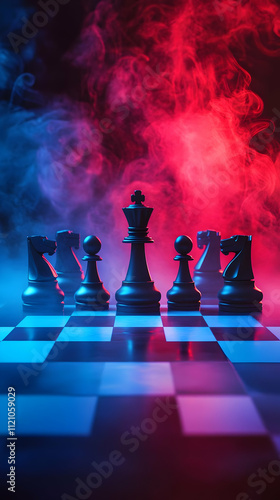 A dramatic chess scene with dark pieces against a colorful smoky background.